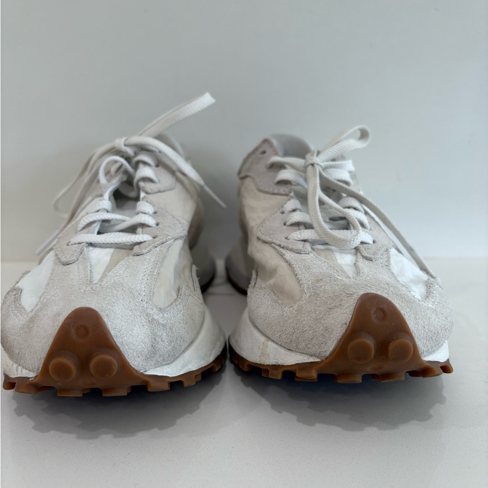 New Balance Women’s Athletic Sneakers in White and Light Gray with Gum Sole - Picture 4 of 10